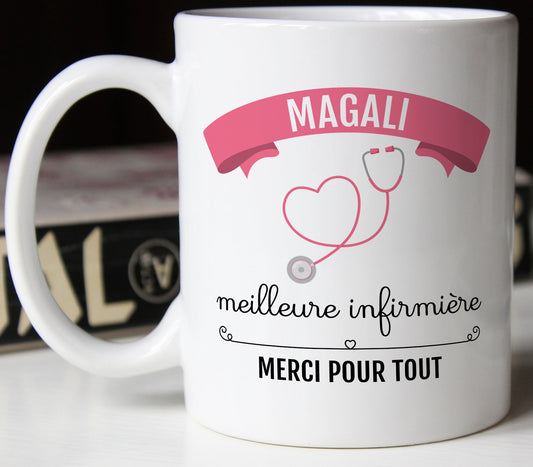 Mug céramique blanc prénom personnalisé meilleure infirmière