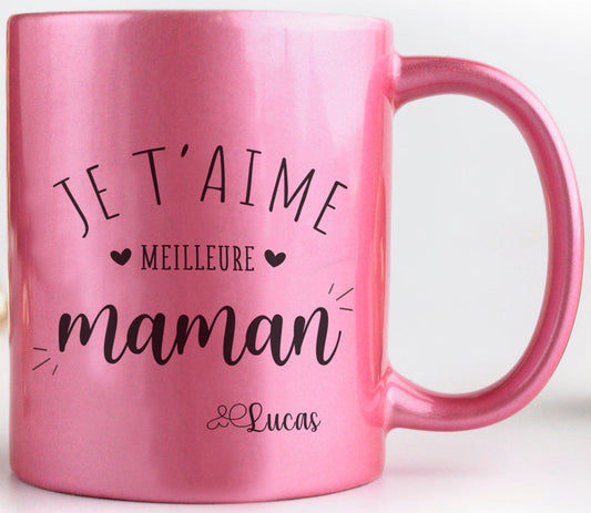 mug je t'aime maman personnalisé métallisé rose