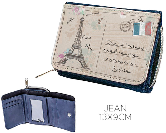portefeuille personnalisé paris avec prénom. Motif imprimé carte postale avec message personnalisable sur 3 lignes + signature