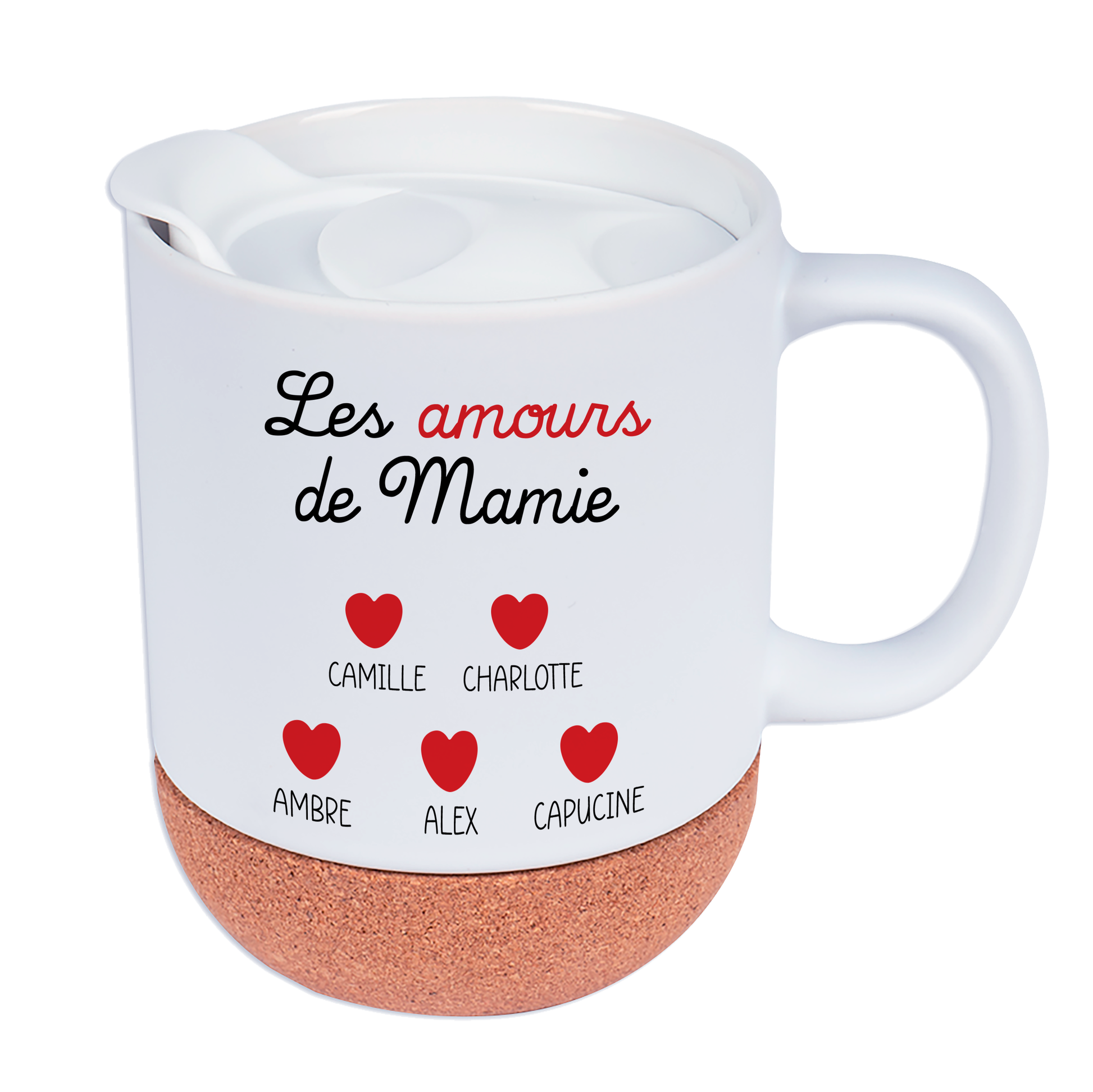 Mug personnalisé "Les amours de Mamie et ses petits cœurs" avec prénoms et motif de petits cœurs rouges