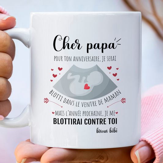 Mug "annonce grossesse" avec échographie de bébé et message émotionnel pour futur papa, cadeau mémorable pour une occasion spéciale.
