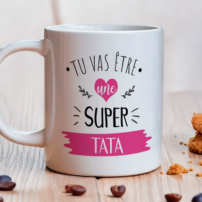 Mug personnalisé "future super tata" avec message tendre et design élégant, idéal pour une annonce pleine de joie et d’émotion.
