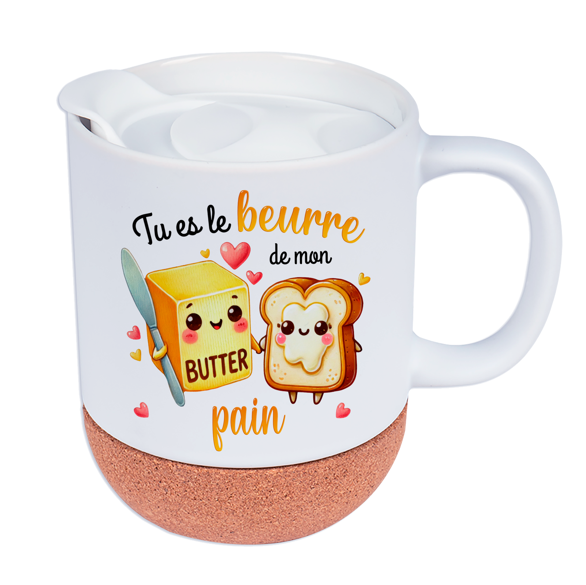 Mug personnalisé en céramique blanche avec design "Tu es le beurre de mon pain", base en liège et couvercle en silicone, idéal pour la Saint-Valentin.