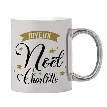 Mug argenté brillant personnalisé prénom Joyeux Noël