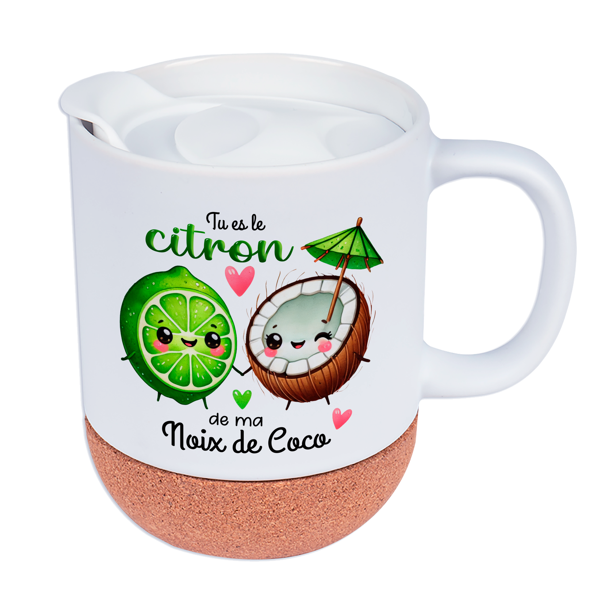 Mug personnalisé en céramique blanche avec design "Tu es le citron de ma noix de coco", base en liège et couvercle en silicone, idéal pour la Saint-Valentin.