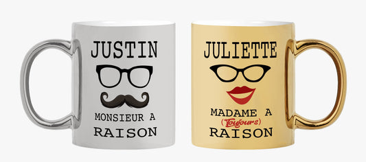 Mugs couple personnalisés or et argent Madame a (toujours) raison