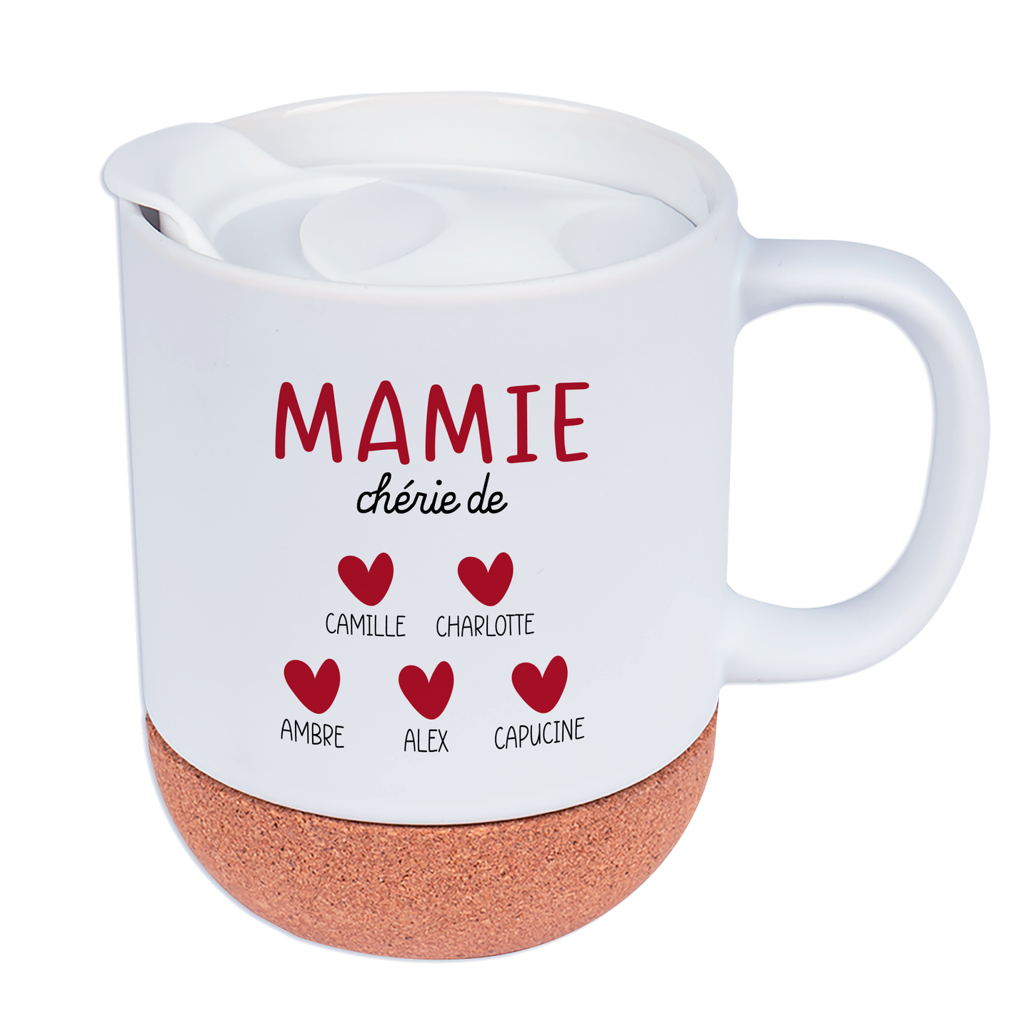 Mug personnalisé "Mamie chérie de" avec prénoms et motif de petits cœurs rouges