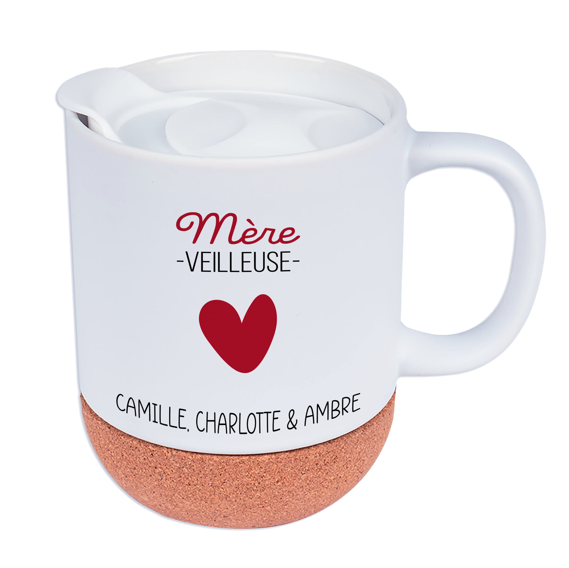 Mug personnalisé Mère-veilleuse avec cœur rouge et prénoms