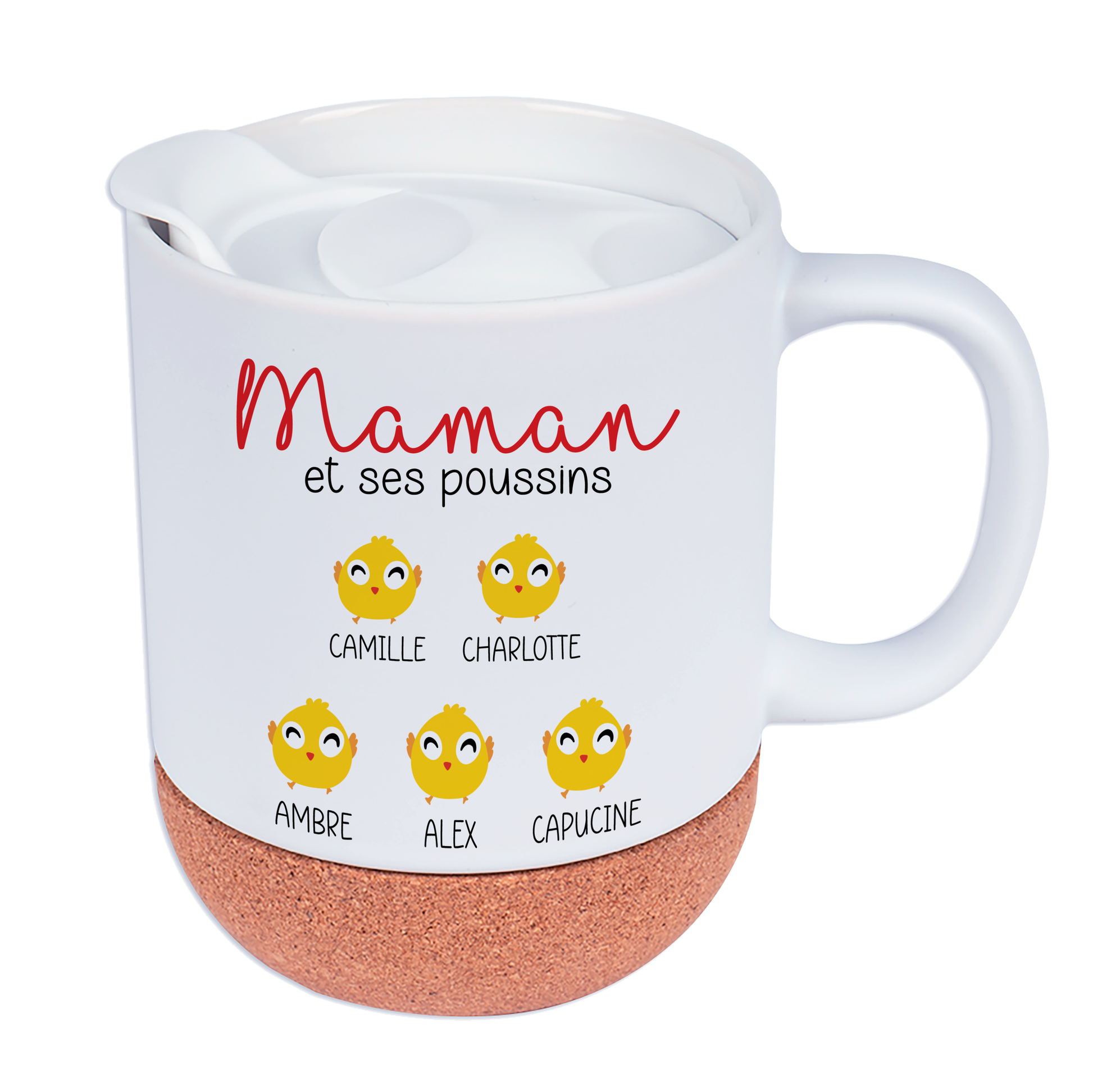 Mug personnalisé Maman et ses poussins avec prénoms et illustrations de poussins jaunes