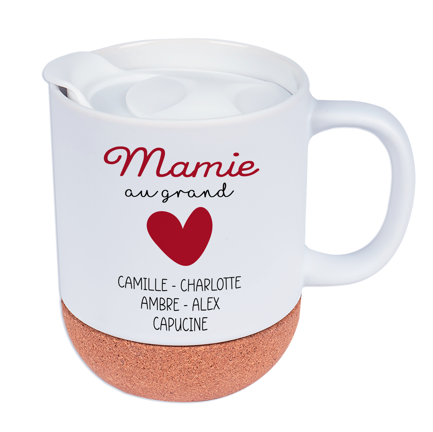 Mug personnalisé "Mamie au grand cœur" avec prénoms et motif cœur rouge