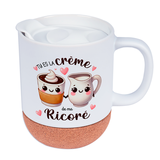 Mug personnalisé "Tu es la crème de ma Ricoré" avec illustration kawaii d'une tasse de Ricoré et d'un pot de crème, personnalisable avec un prénom.