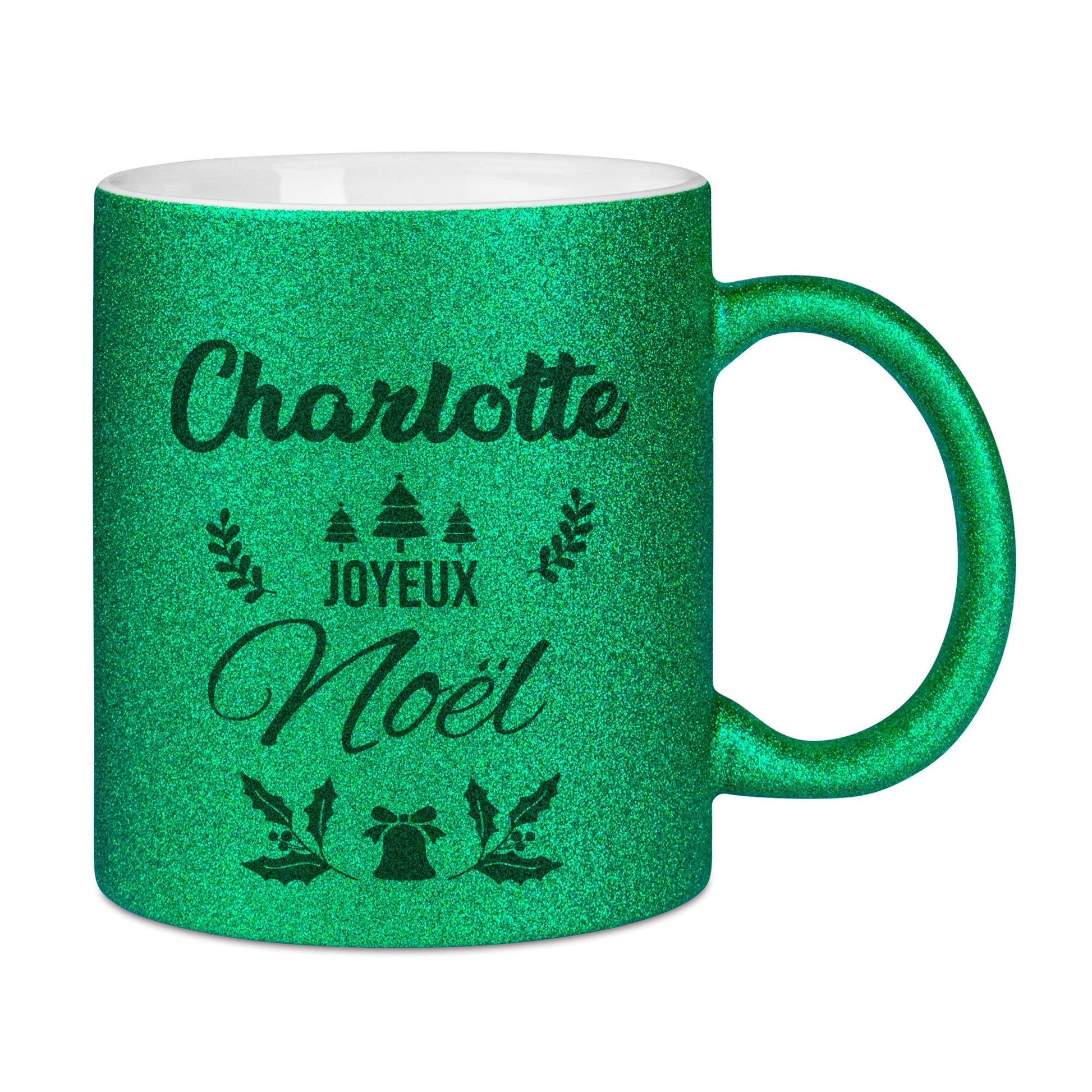 Mug à paillettes vertes personnalisé Joyeux Noël