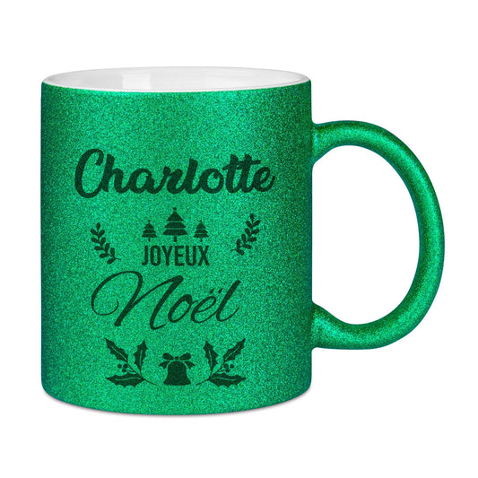 Mug à paillettes vertes personnalisé Joyeux Noël