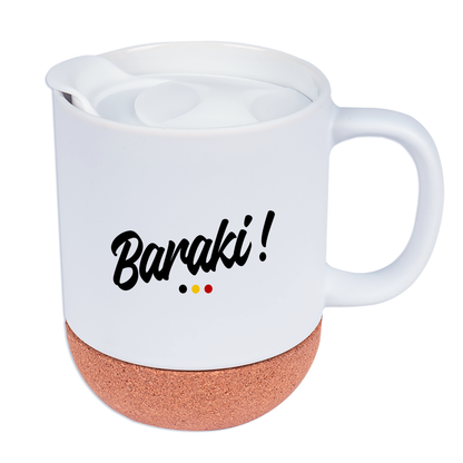 Mug personnalisé Liégeois "Baraki" avec socle en liège et couvercle – Personnalisable avec prénom ou texte