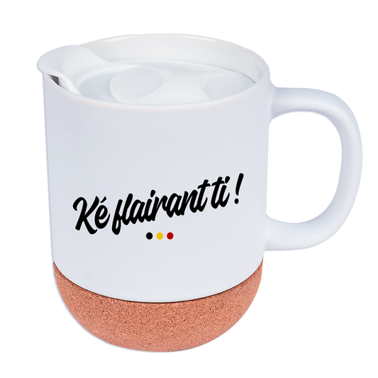Mug personnalisé Liégeois "Ké Flairant Ti" avec socle en liège et couvercle – Personnalisable avec prénom ou texte