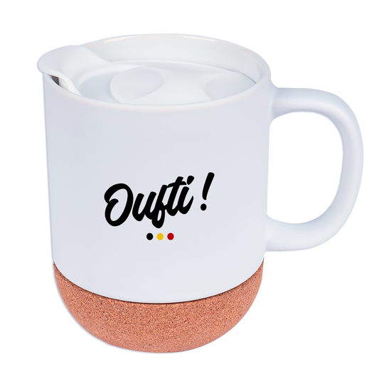 Mug personnalisé Liégeois "Oufti" avec socle en liège et couvercle – Personnalisable avec prénom ou texte