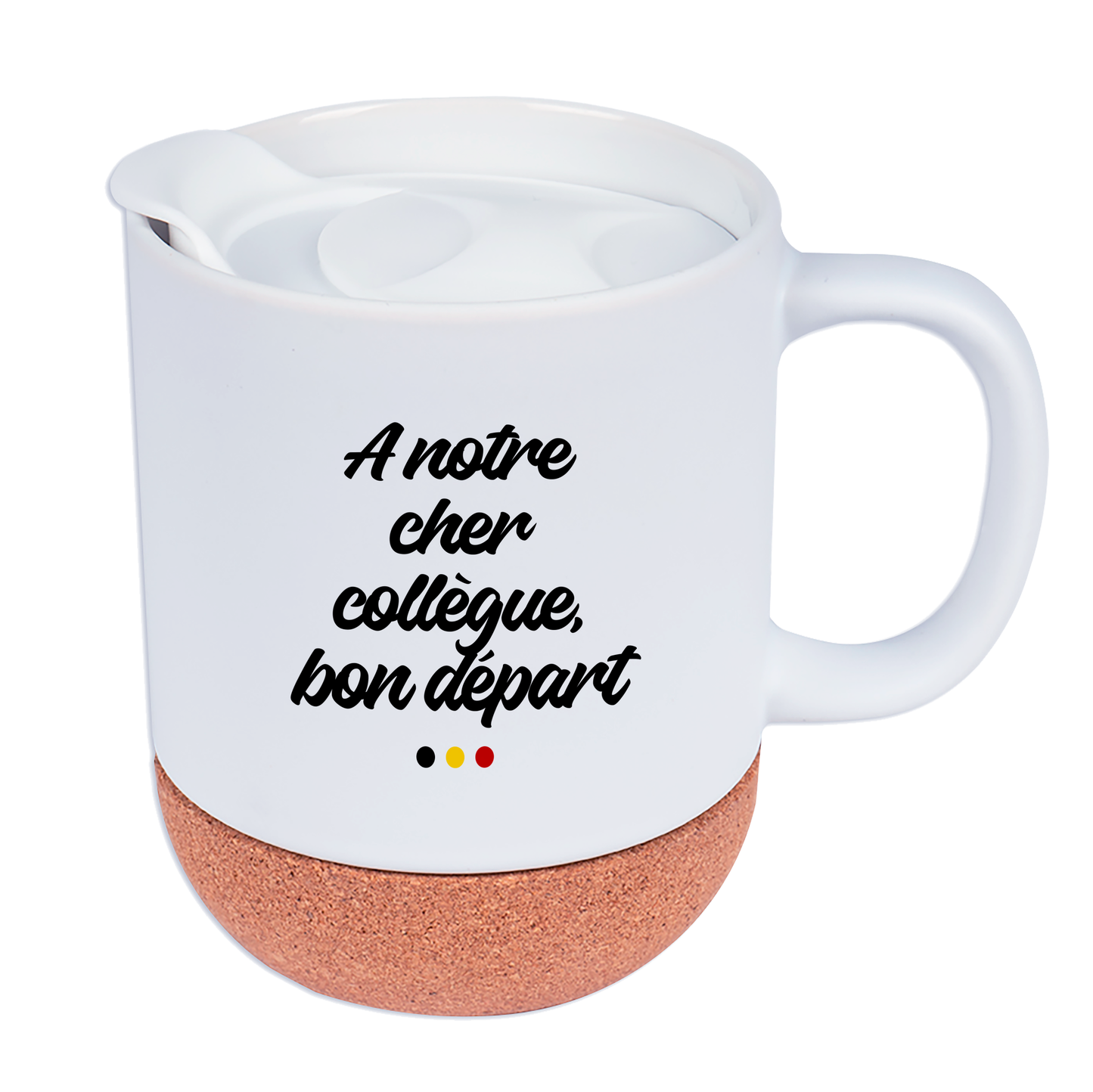 Mug personnalisé Liégeois "Oufti" avec socle en liège et couvercle – Personnalisable avec prénom ou texte