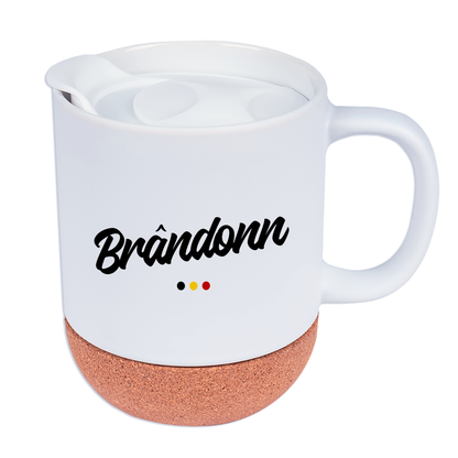 Mug personnalisé Liégeois "Oufti" avec socle en liège et couvercle – Personnalisable avec prénom ou texte