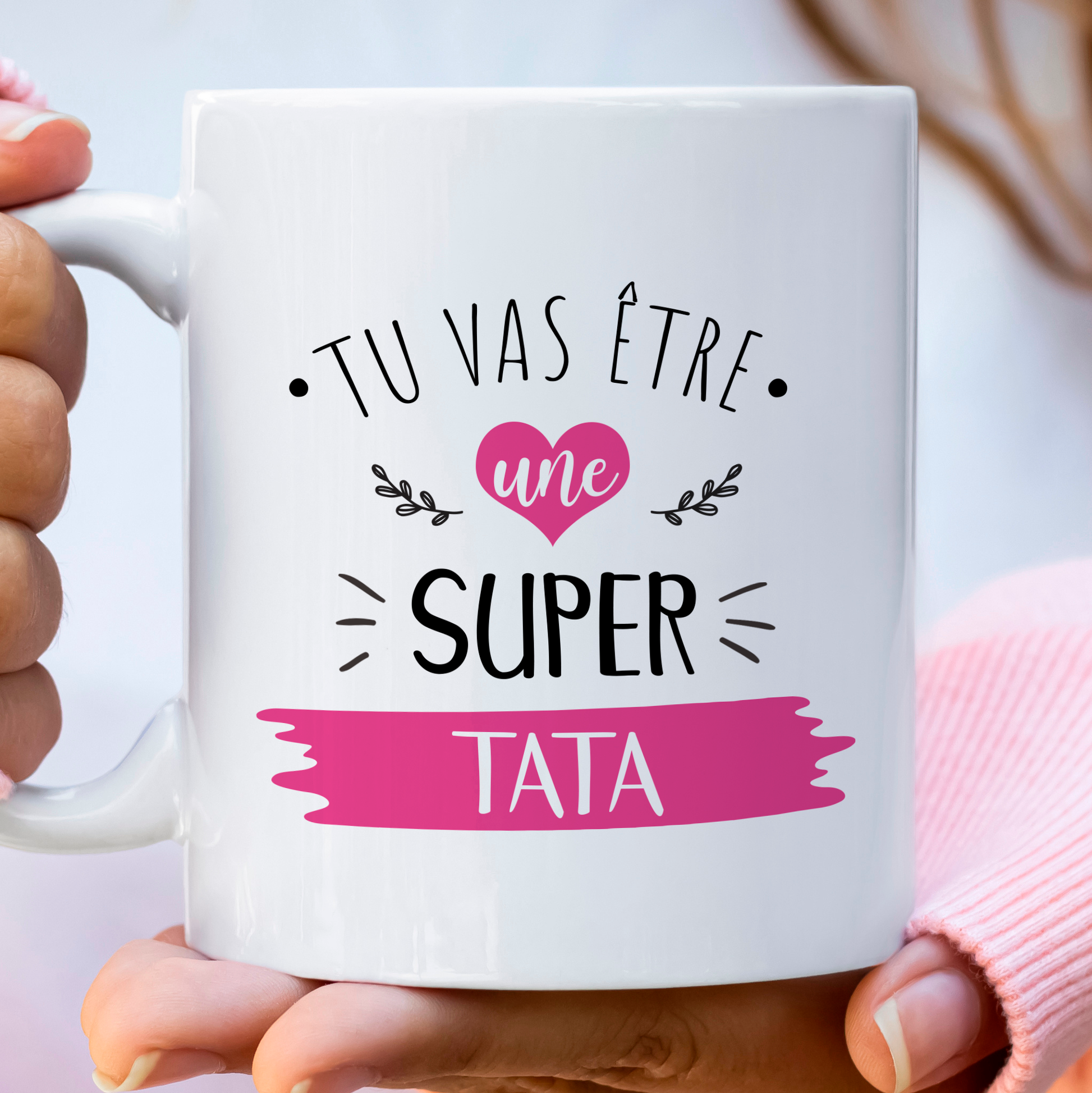 Mug personnalisé "future super tata" avec message tendre et design élégant, idéal pour une annonce pleine de joie et d’émotion.
