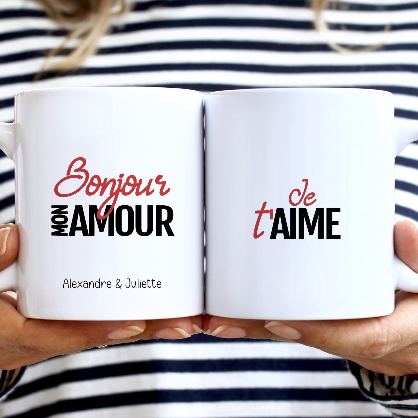 Mug personnalisé Saint-Valentin "Bonjour mon amour" avec prénoms