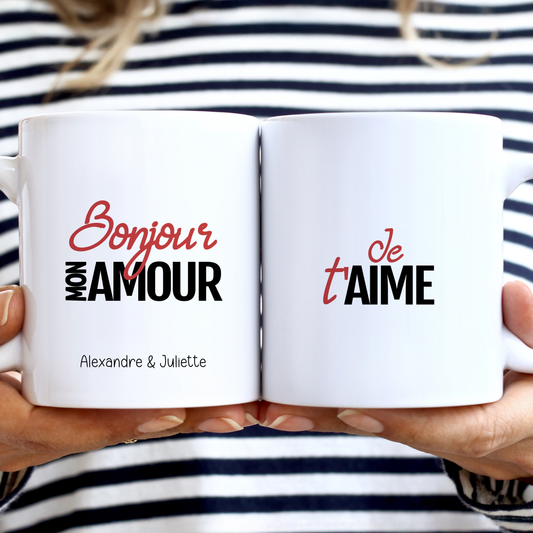 Mug personnalisé Saint-Valentin "Bonjour mon amour" avec prénoms