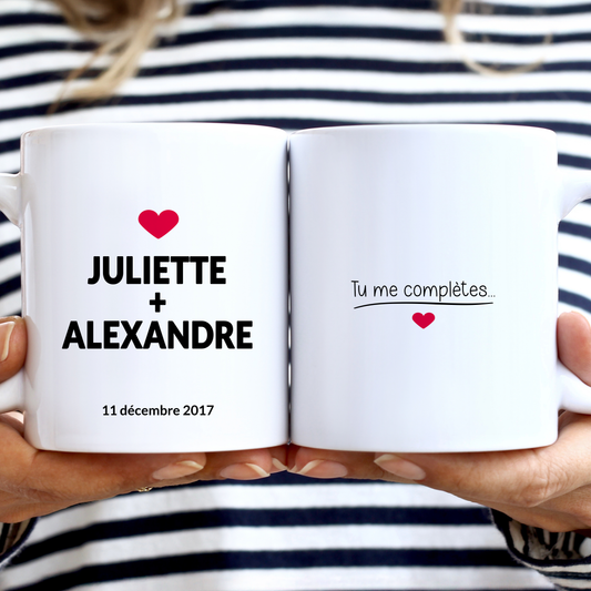 Mug Saint-Valentin personnalisé tu me complètes avec date et prénoms