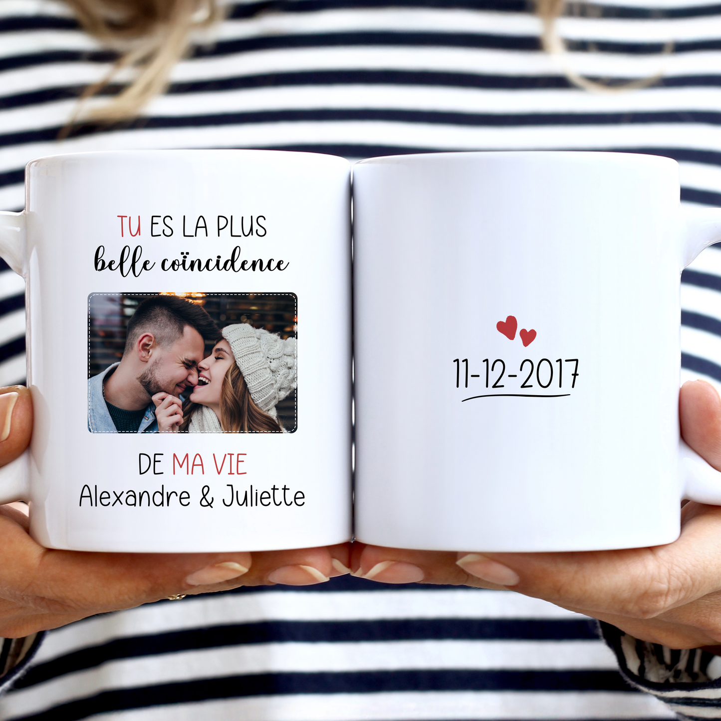 Mug Saint-Valentin personnalisé avec photo, prénoms et date ou message au choix. Idée cadeau pour couple amoureux