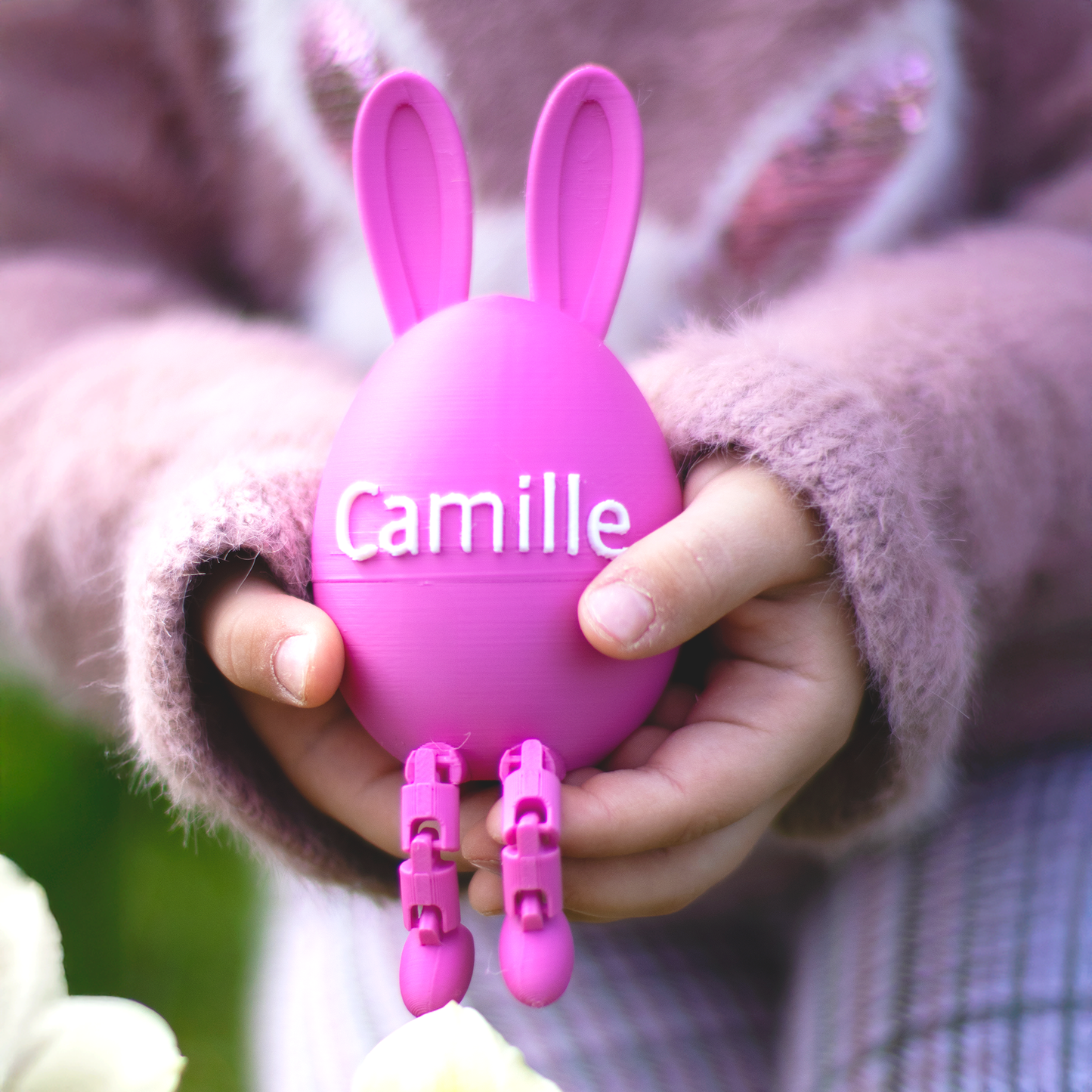 Œuf de Pâques personnalisé avec prénom – Petit contenant en forme de lapin, conçu dans notre atelier, idéal pour y glisser un chocolat ou un Kinder.