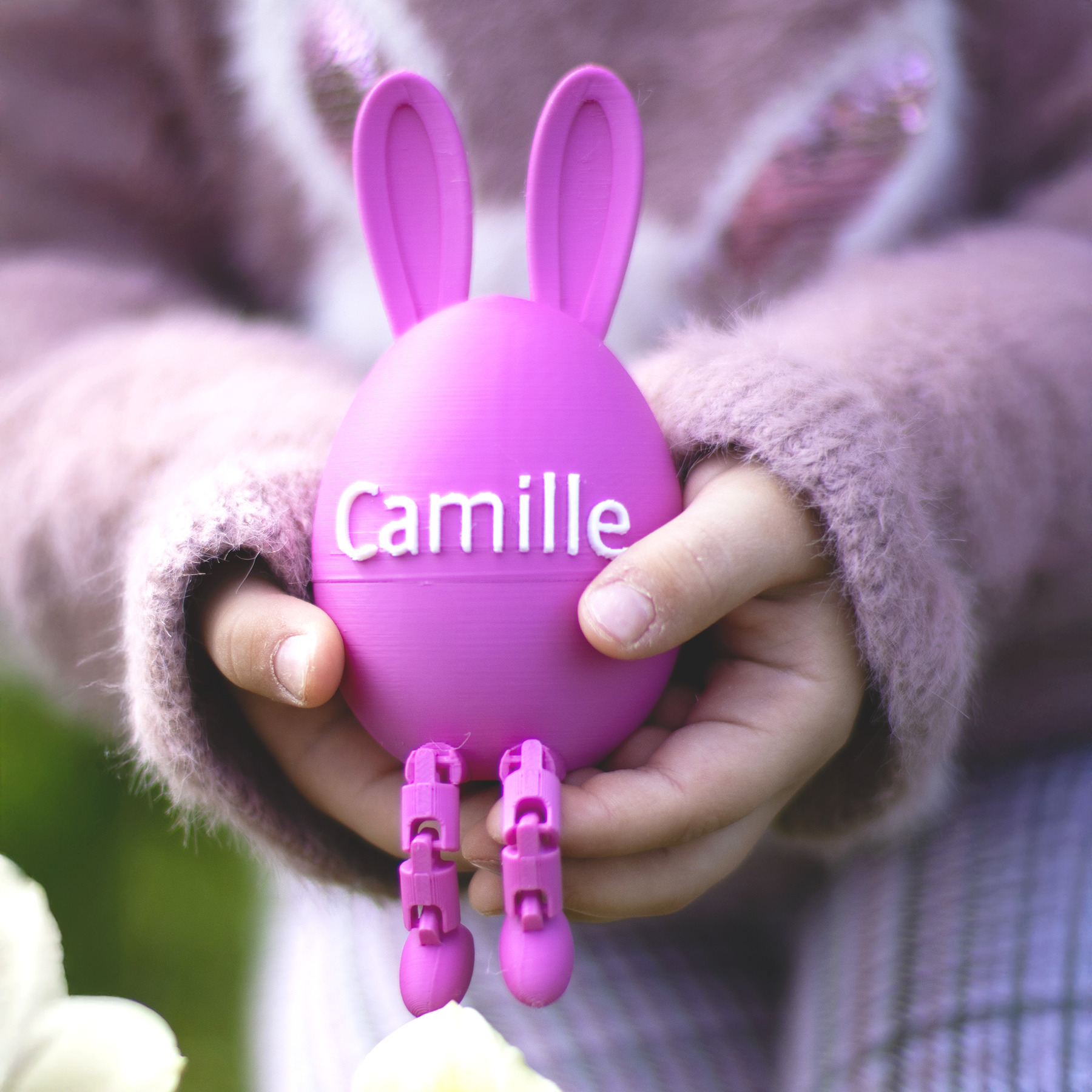 Œuf de Pâques personnalisé avec prénom – Petit contenant en forme de lapin, conçu dans notre atelier, idéal pour y glisser un chocolat ou un Kinder.