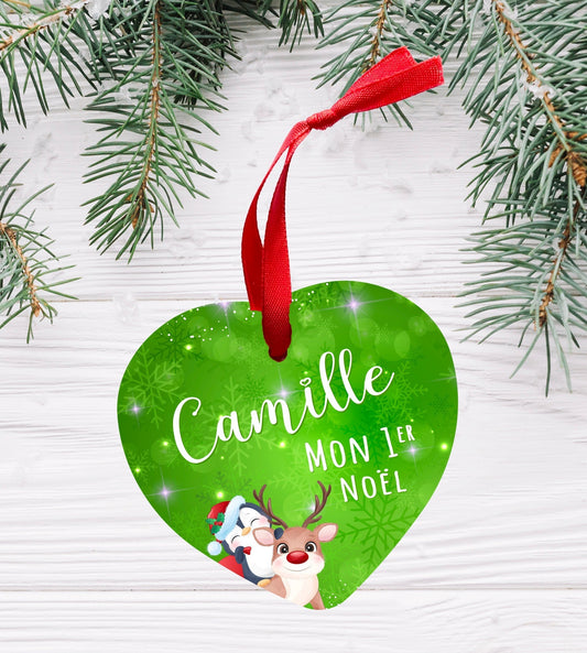 Ornement de Noël en forme de coeur personnalisable prénom mon premier Noël