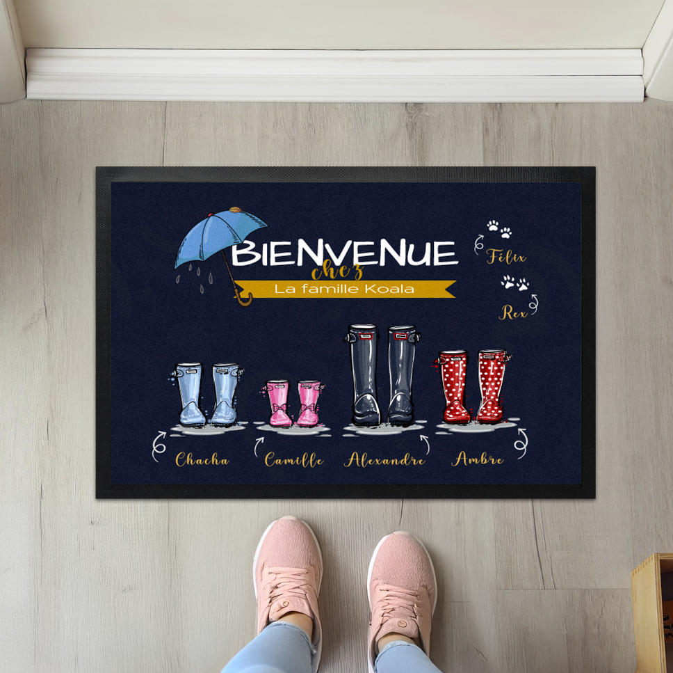 Paillasson personnalisé bottes de pluie avec prénom et animaux