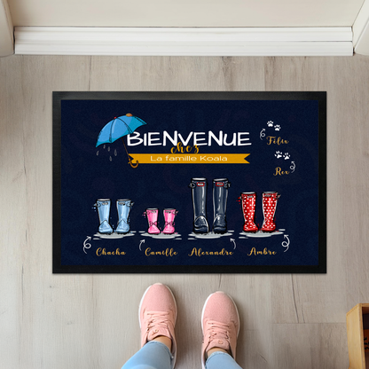 Paillasson personnalisé bottes de pluie avec prénom et animaux