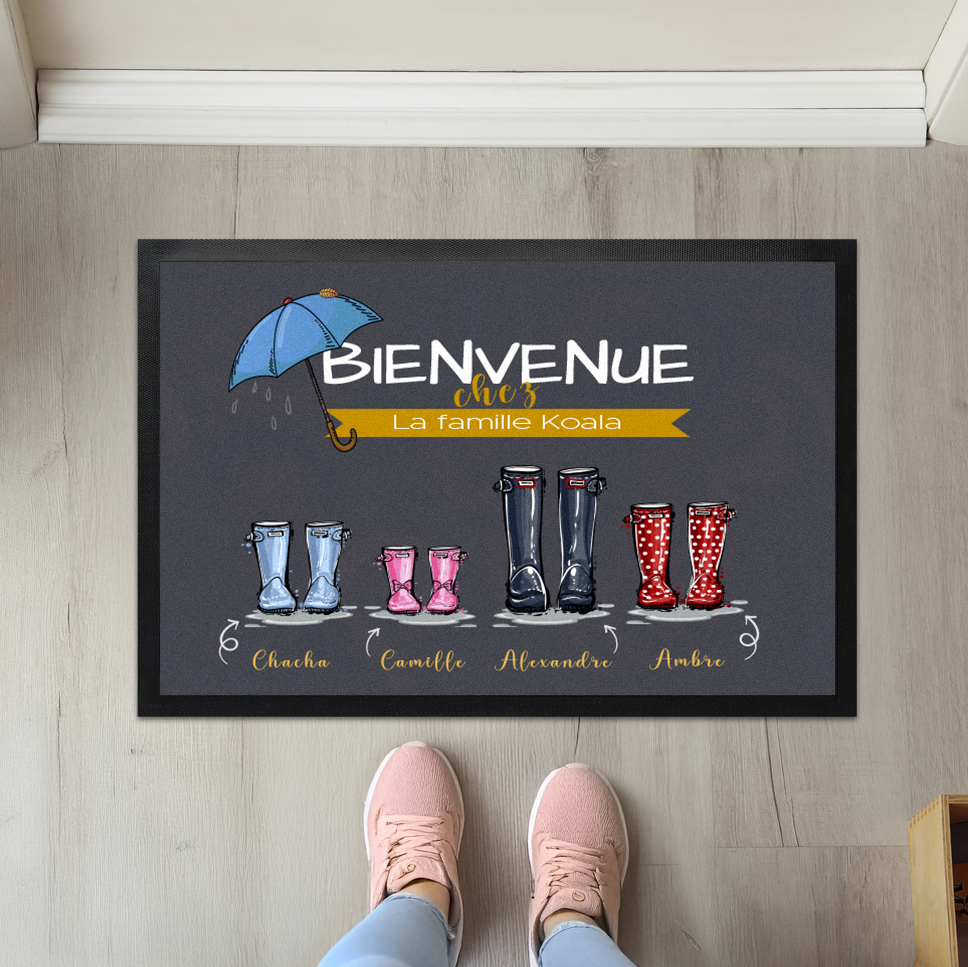 Paillasson personnalisé famille bottes de pluie avec prénom et animaux