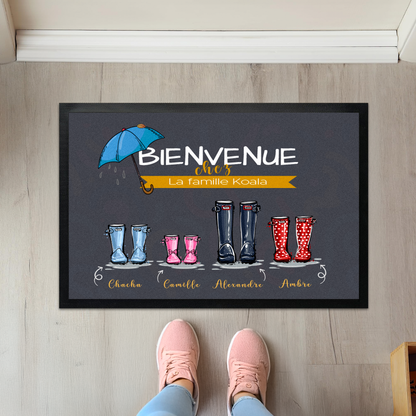 Paillasson personnalisé famille bottes de pluie avec prénom et animaux