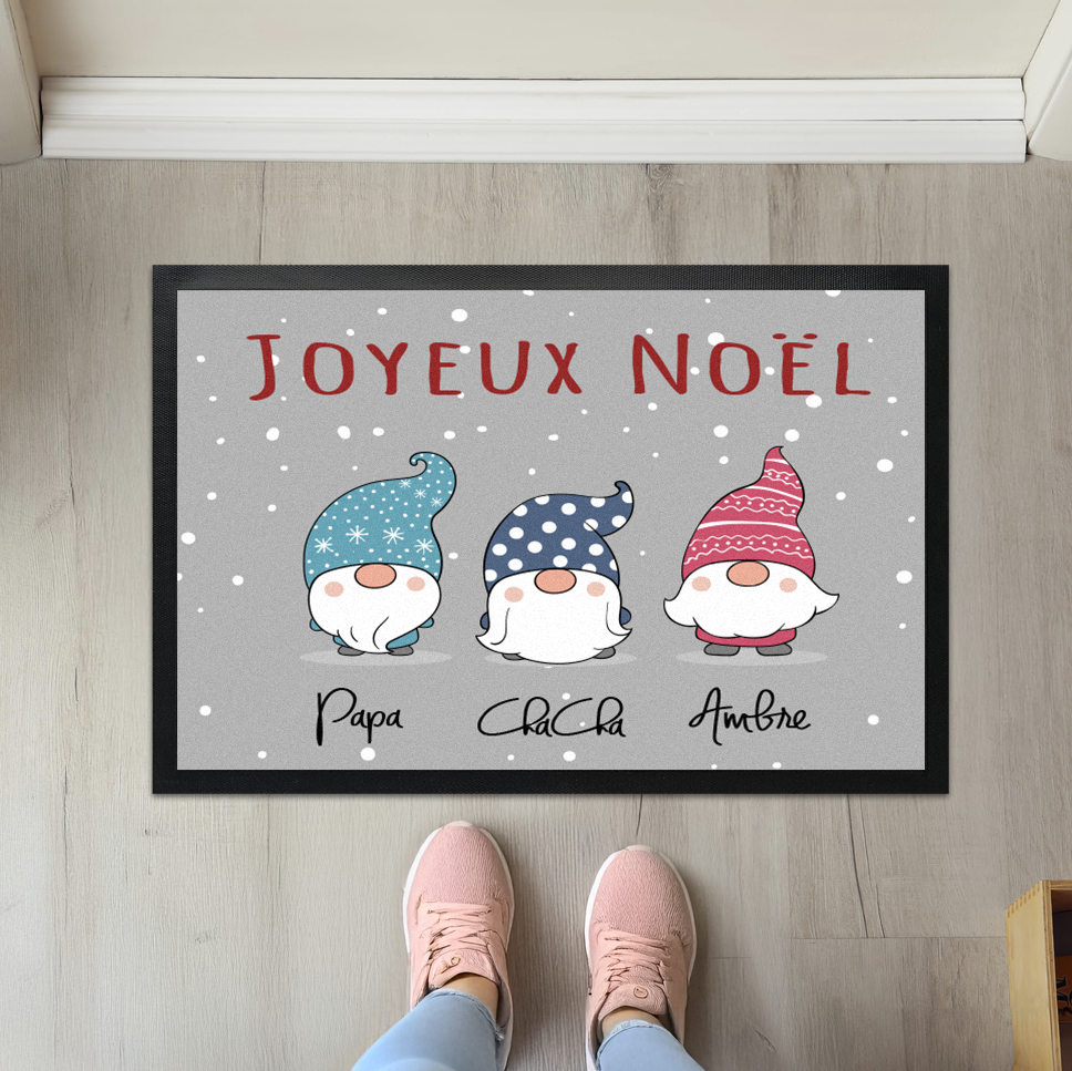 Paillasson de Noël personnalisé gnomes colorés avec prénom