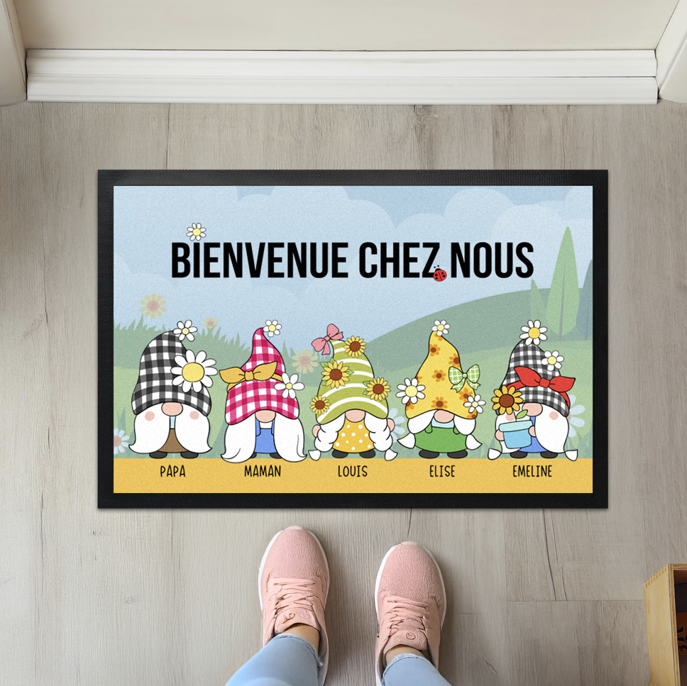 Paillasson personnalise printemps avec Gnomes et prénoms
