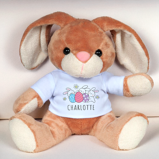 Peluche de Pâques enfant avec lapins, œufs et prénom