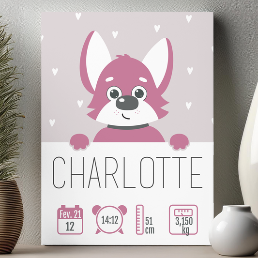 Plaque de naissance en aluminium personnalisée motif renard avec prénom et informations de naissance importantes