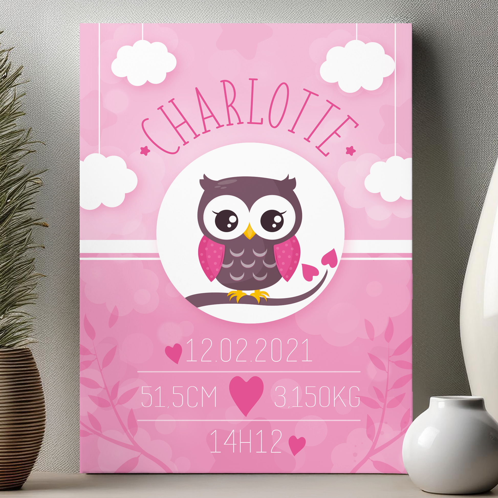 Plaque de naissance en aluminium haute qualité chouette avec prénoms et informations importantes de naissance