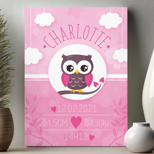 Plaque de naissance en aluminium haute qualité chouette avec prénoms et informations importantes de naissance