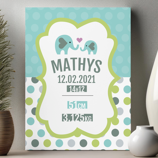 Plaque de naissance en aluminium personnalisée avec prénom et autre informations de naissance importantes sur le thème bébé éléphant avec sa maman