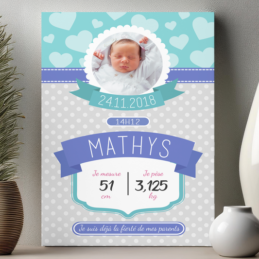 Plaque naissance personnalisée avec photo, prénom et informations de naissance importantes