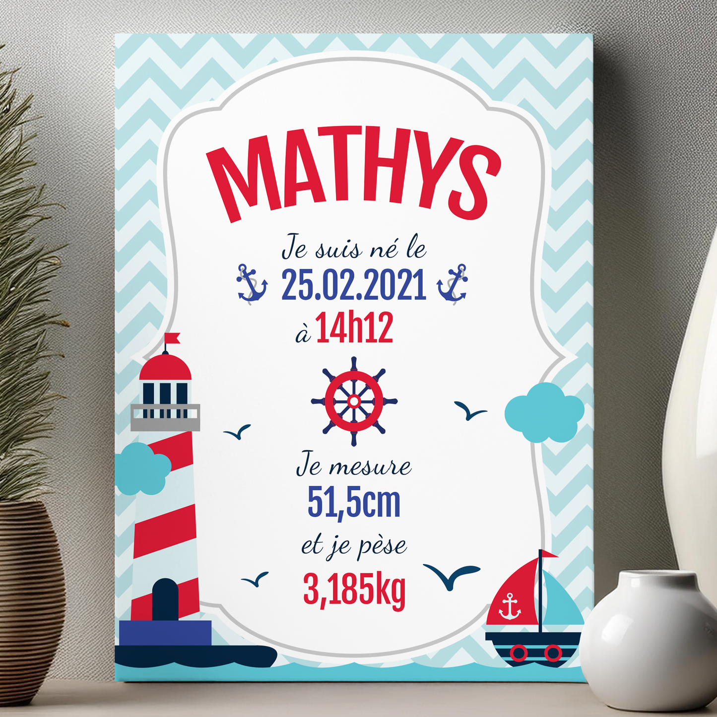 Plaque de naissance personnalisée en aluminium sur le thème de la mer et des bateaux avec prénoms et autres informations de naissance importantes