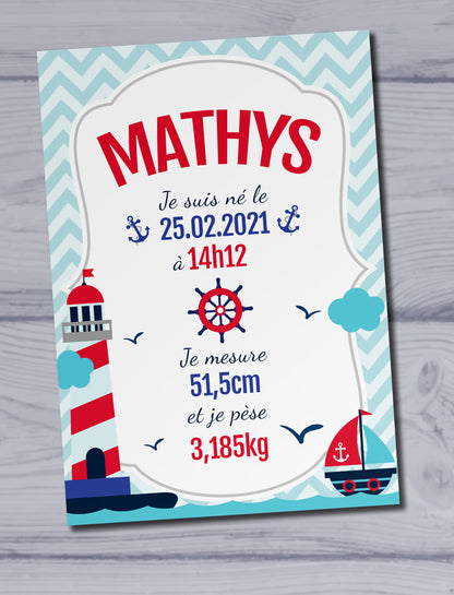 plaque naissance personnalisée thème marin, cadeau de naissance personnalisable
