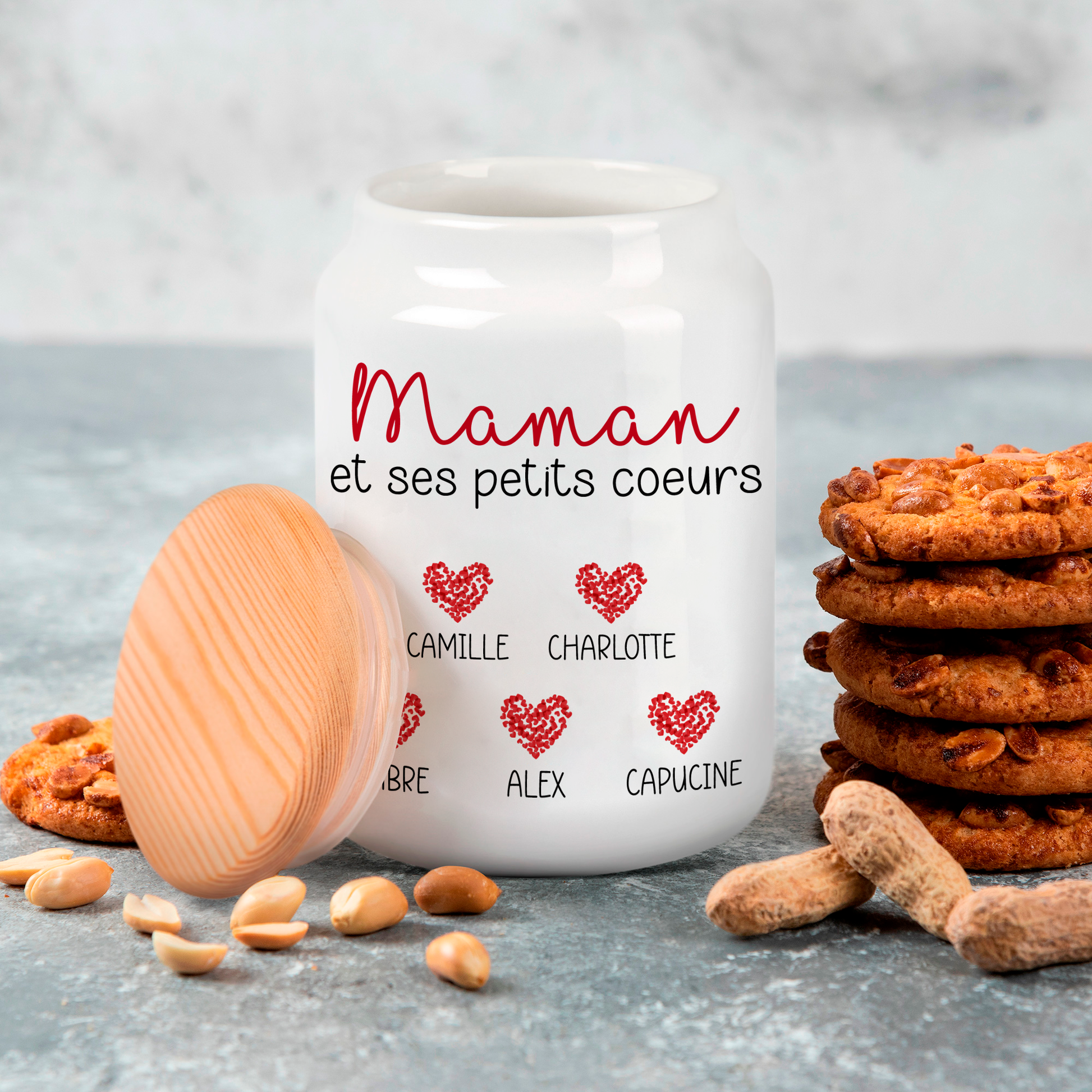 Pot à cookies personnalisé "Maman et ses petits cœurs" avec prénoms des enfants