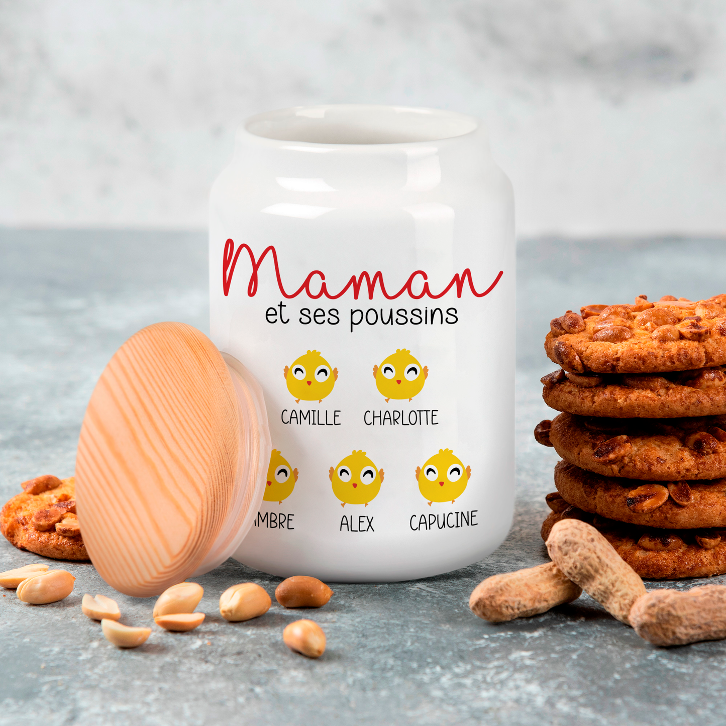 Pot à cookies personnalisé "Maman et ses poussins" avec prénoms des enfants