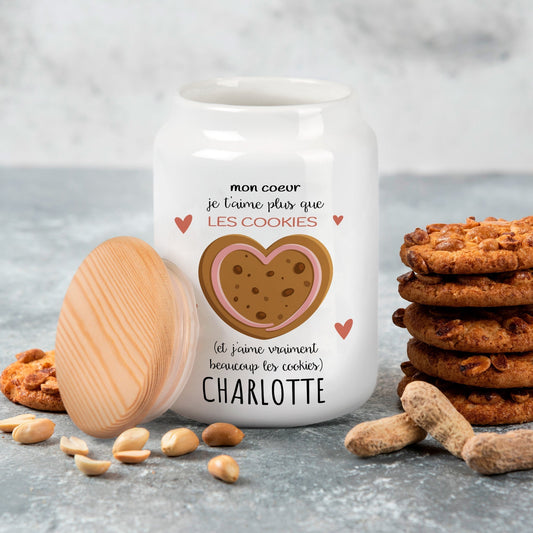 Pot à cookies personnalisable je t'aime plus que les cookies  avec prénom
