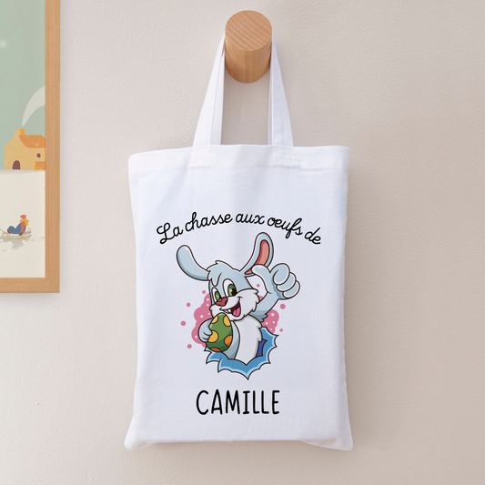 Tote bag enfant 20x25 cm pour Pâques avec prénom et dessin de lapin