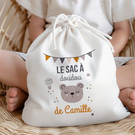 Sac à doudou personnalisable avec prénom et ourson pour enfant.