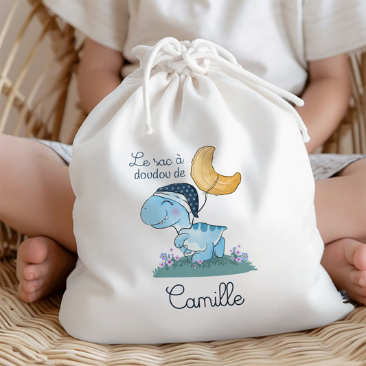 Sac à doudou personnalisé dinosaure avec prénom pour enfant